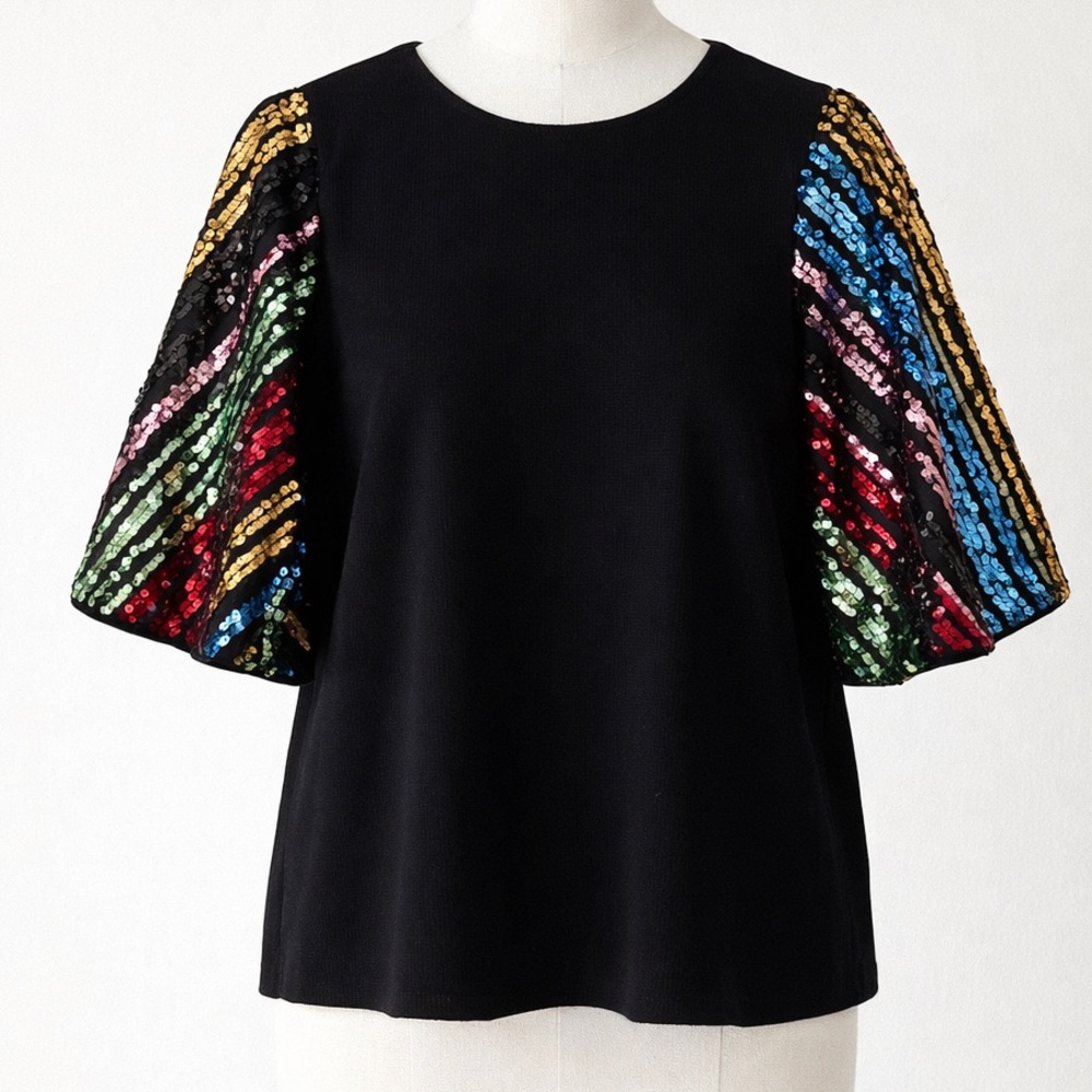 THML Black Ribbed Top Rainbow Sequin Flare Sleeves Girls Night Party Size Small